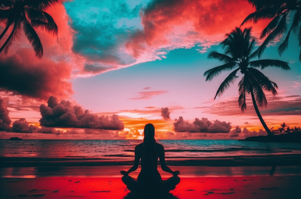A woman practicing yoga on a beach at sunset. The warm tones of the image create a glowing and ethereal atmosphere. The woman is sun-kissed and surrounded by bright colors, including turquoise water and pastel clouds. The orange sun adds to the tropical paradise feel of the scene. The image evokes feelings of peace, serenity, tranquility, and bliss.